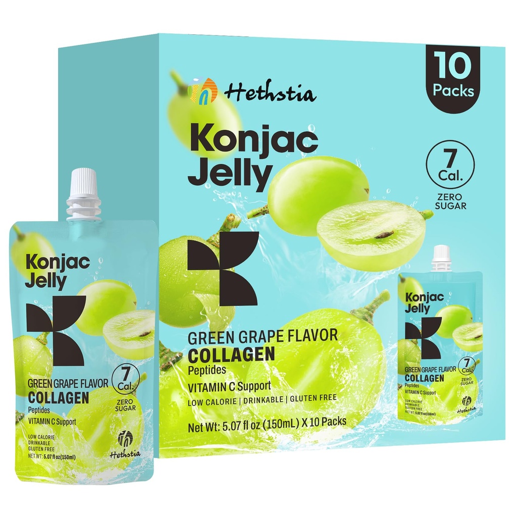 Hethstia Konjac Jelly Saveur de raisin vert, 10 Pouches, Jelly de raisin buvable avec des peptides de collagène, 7 Kcal, sans sucre, sans gluten, Keto, Vegan, on-the-Go Chewy collations légères