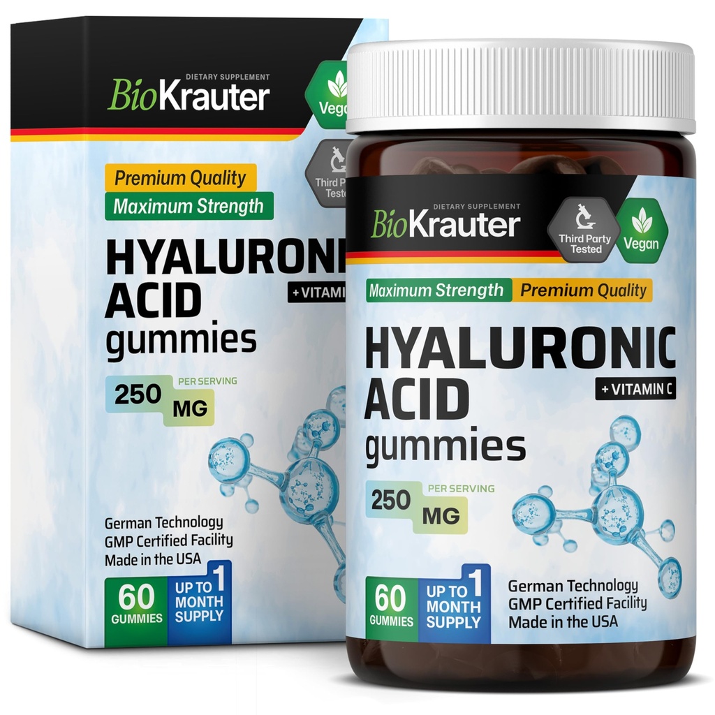 BIO KRAUTER Hyaluronzuur Gummies w/Vitamine C - 250 mg - 60 Vegan Kauwen - Hyaluronzuursupplementen - Pectine-based