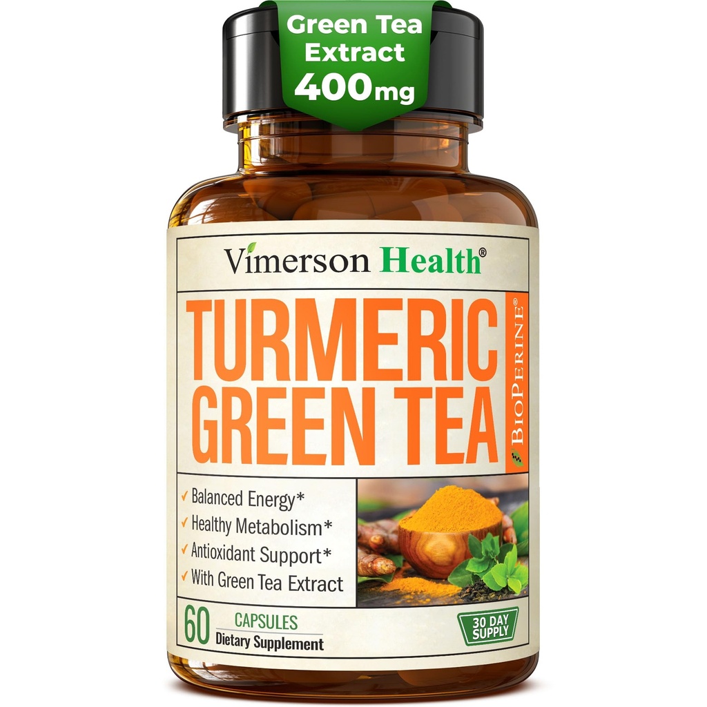 Kurkuma Curcumine Supplement met Green Tea Extract (ECGC) & Vitamine C voor gezamenlijke gezondheid, energie en ontstekingsbalans - Biologische Tumerische Curcumine met zwarte peper - Glutenvrije, niet-GMO - 60 capsules