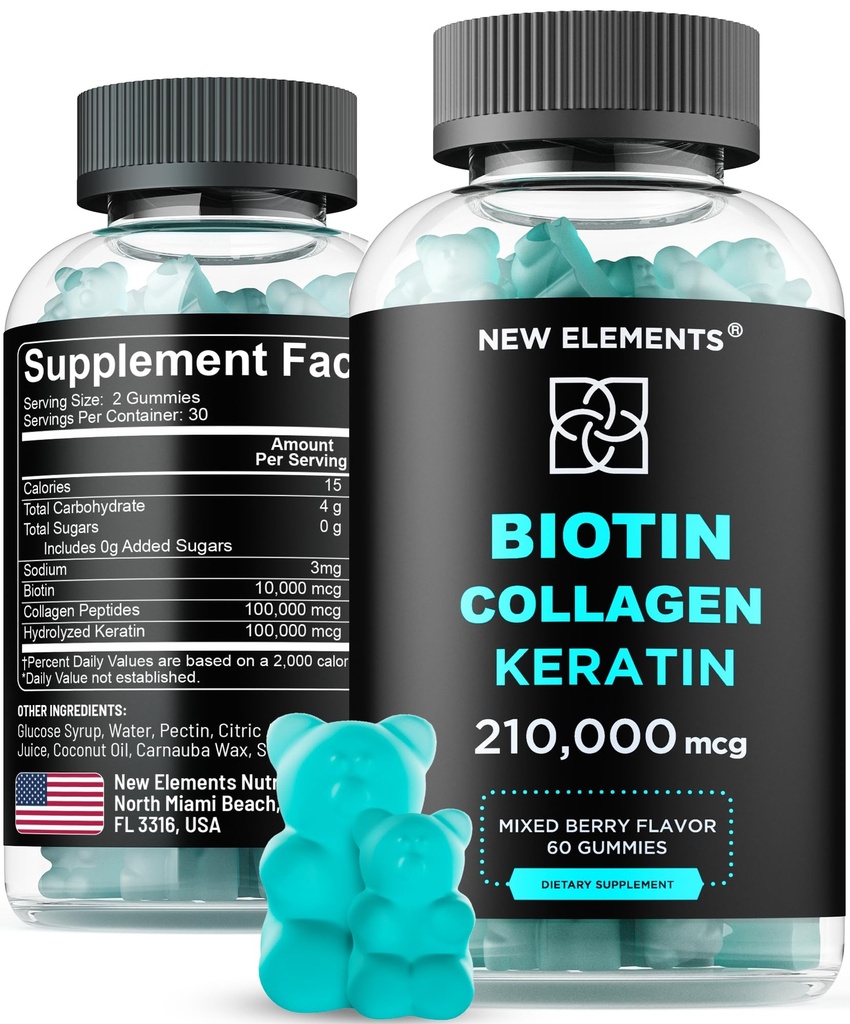 Gommies de biotine avec peptides de kératine et collagène - Supplément avancé pour le traitement de la croissance des cheveux pour les hommes et les femmes Peau et ongles vitamines – Biotine 10000mcg