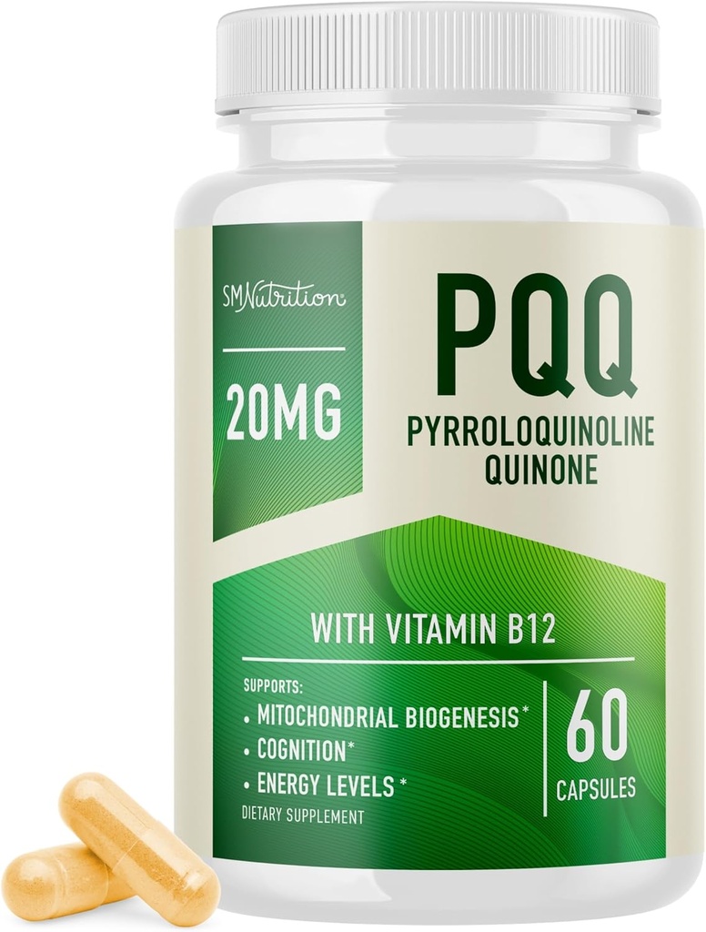 PQQ Supplement 20mg de biogenèse mitochondriale et optimiser l'énergie avec CoQ10 et vitamine B12 de soutien de la santé cérébrale et de la production de mitochondrie de formule Ultra PQQ de Végétalien, sans gluten de 60 capsules