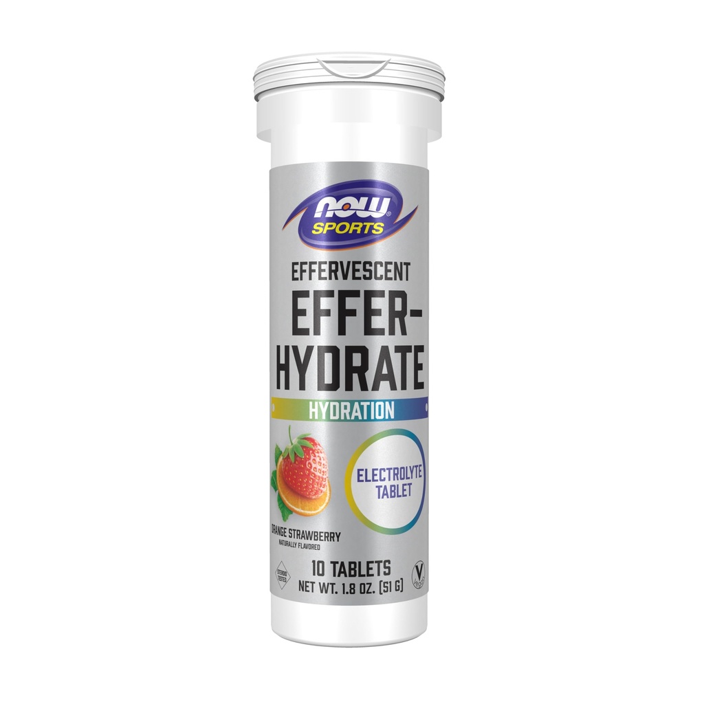 NOW Foods Sports Nutrition, Bruisende Effer-Hydrate, Electrolyte Supplement, Herstel*, Oranje Aardbei, 10 tabletten