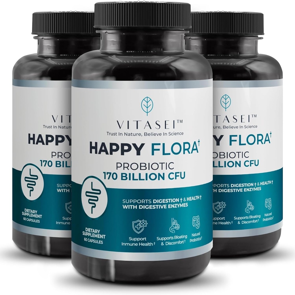 VITASEI Happy Flora, Probiotic Supplement 170 Billion CFU for a Healthy Gut Health with enzymes for Digestion, probiotics for Women and Men, 3 Bottle - 180 Capsules