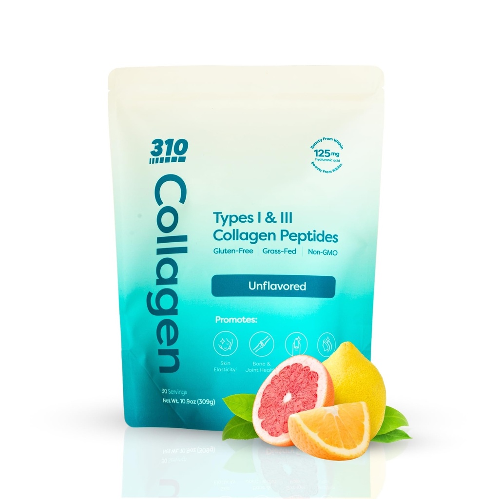 310 Voeding Gehydrolyseerde collagen Peptiden Poeder voor vrouwen & mannen - Grass-Fed collagen Supplement w/Hyaluronzuur, Resveratrol, Vitamine C,D & E voor huid, haar en nagels - 30 SRV Unflavored
