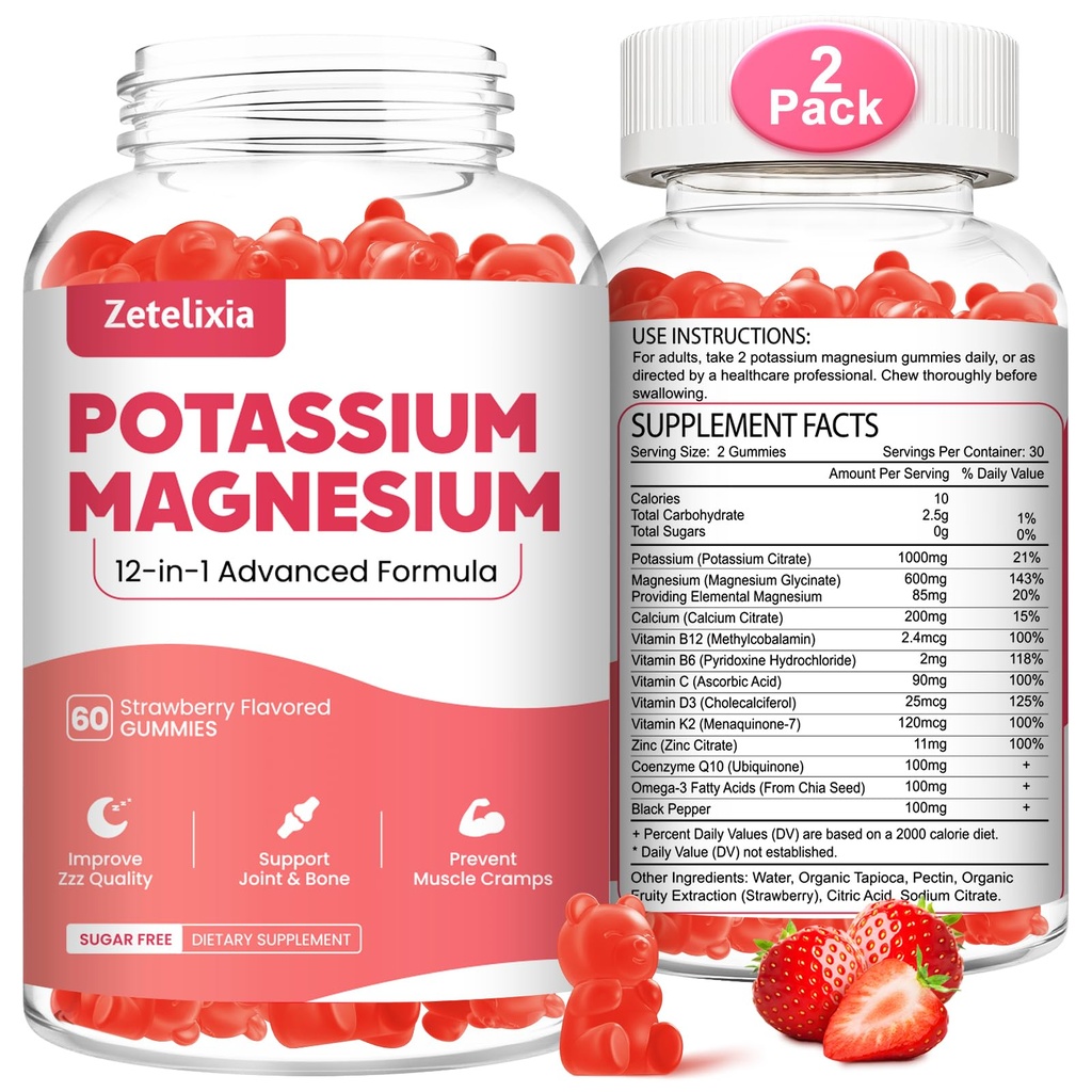 2 Pack supplément de magnésium potassique Gommies pour adultes Enfants, Magnésium Glycinate et Citrate de potassium, Plus Multivitamine, Oméga-3 et poivre noir, Crampes des jambes, Santé musculaire et cardiaque, 120 Compte
