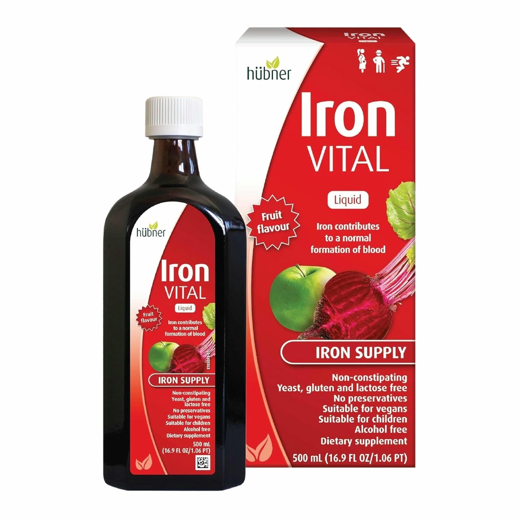 Hübner Hubner Iron Vital Liquid Iron Supply Plus Vitamine C, Dieetsupplement voor volwassenen en kinderen, Veganistisch en Glutenvrij, Fruit smaak, 500 ml fles, 50 porties