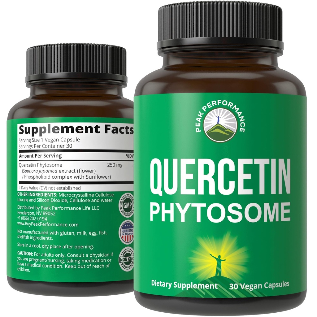 Peak Performance Ultra Pure Quercetine Phytosome Vegan Capsules - Rich Sophora Japonica Extract voor Max Absorptie Nu. Quercetine 250 mg Supplement Capsules. Made in USA