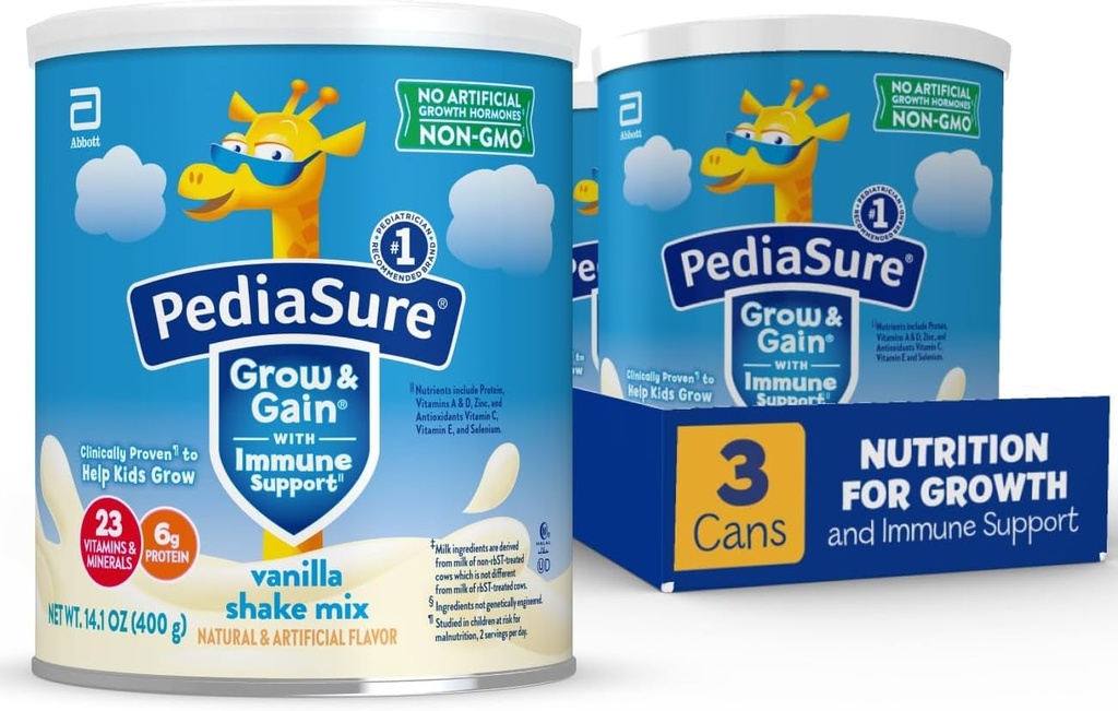 PediaSure Grow & Gain with Immune Support Shake Mix Powder, 23 Vitaminen & Minerals, 6g Proteïne, Non-GMO, Gluten-Free, Vanille, 14,1 oz Can, Verpakking van 3-24 porties