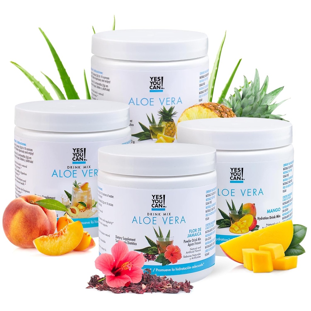 Oui, vous pouvez ! Mélange de poudre d'Aloe Vera - Booster d'hydratation infusé avec extrait d'Aloe Vera biologique pur - Delicious Flavors - Fabriqué aux États-Unis - Antioxydant Rich - Vatiety Flavor - 40 portions par boîte (4 pack)