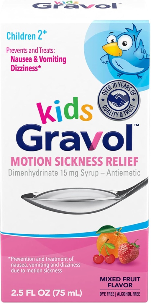 Gravol Kids Liquid for Motion Sickness Relief and Misselijkheid Prevention, 2.5 fl oz (75 ml)