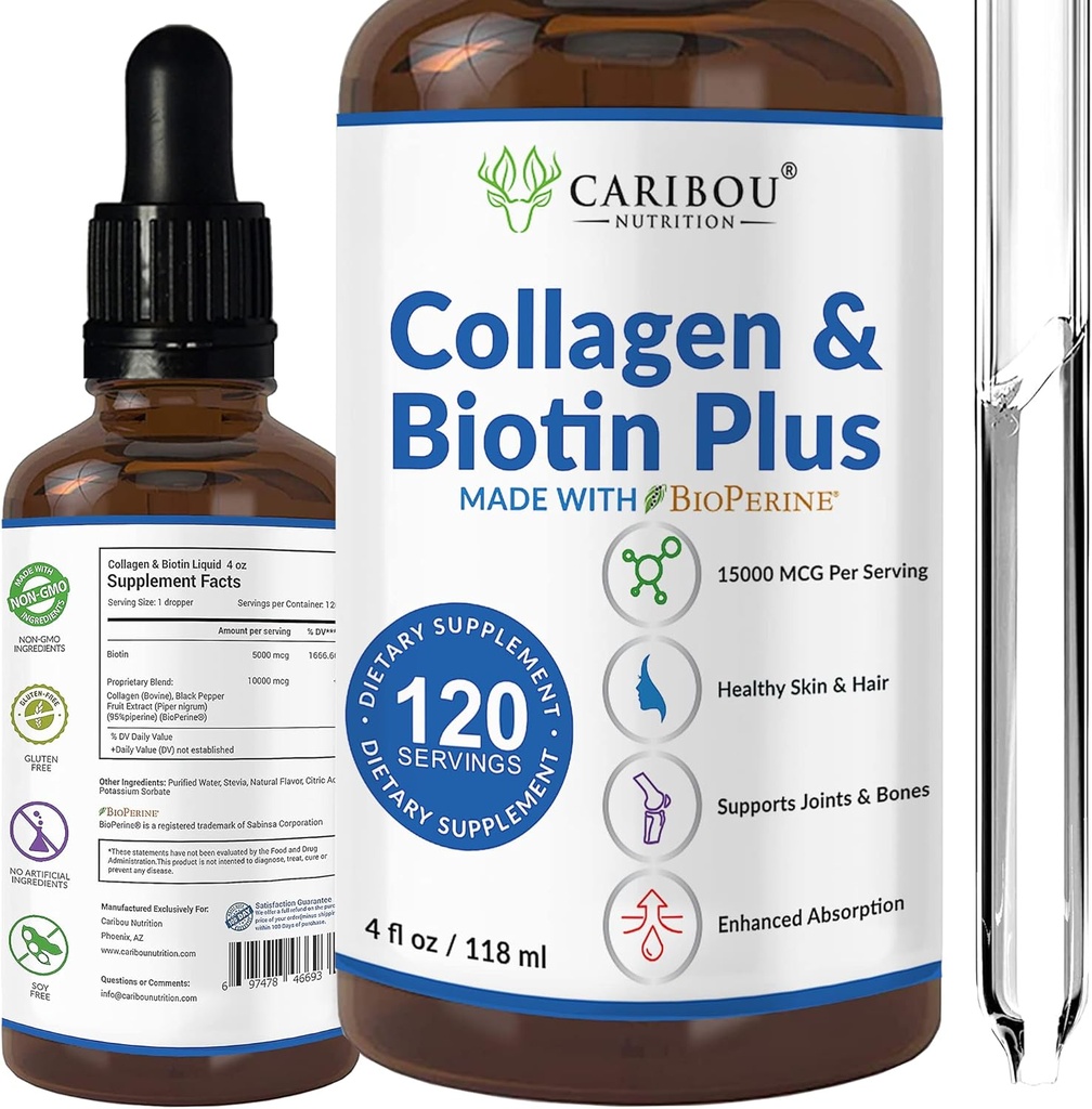 Collagène liquide et biotine liquide avec biopérine pour absorption améliorée - 10000mcg Collagène liquide et 5000mcg Biotine liquide - Collagène liquide pour les femmes -4 mois d'approvisionnement en biotine et suppléments de collagène