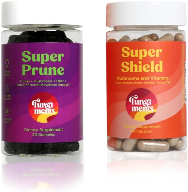 Fungiments Suppléments de champignons, Digestion/Immunity Bundle, Super Prune 30 Compte Gummies + Super Shield 60 Capsules de compte