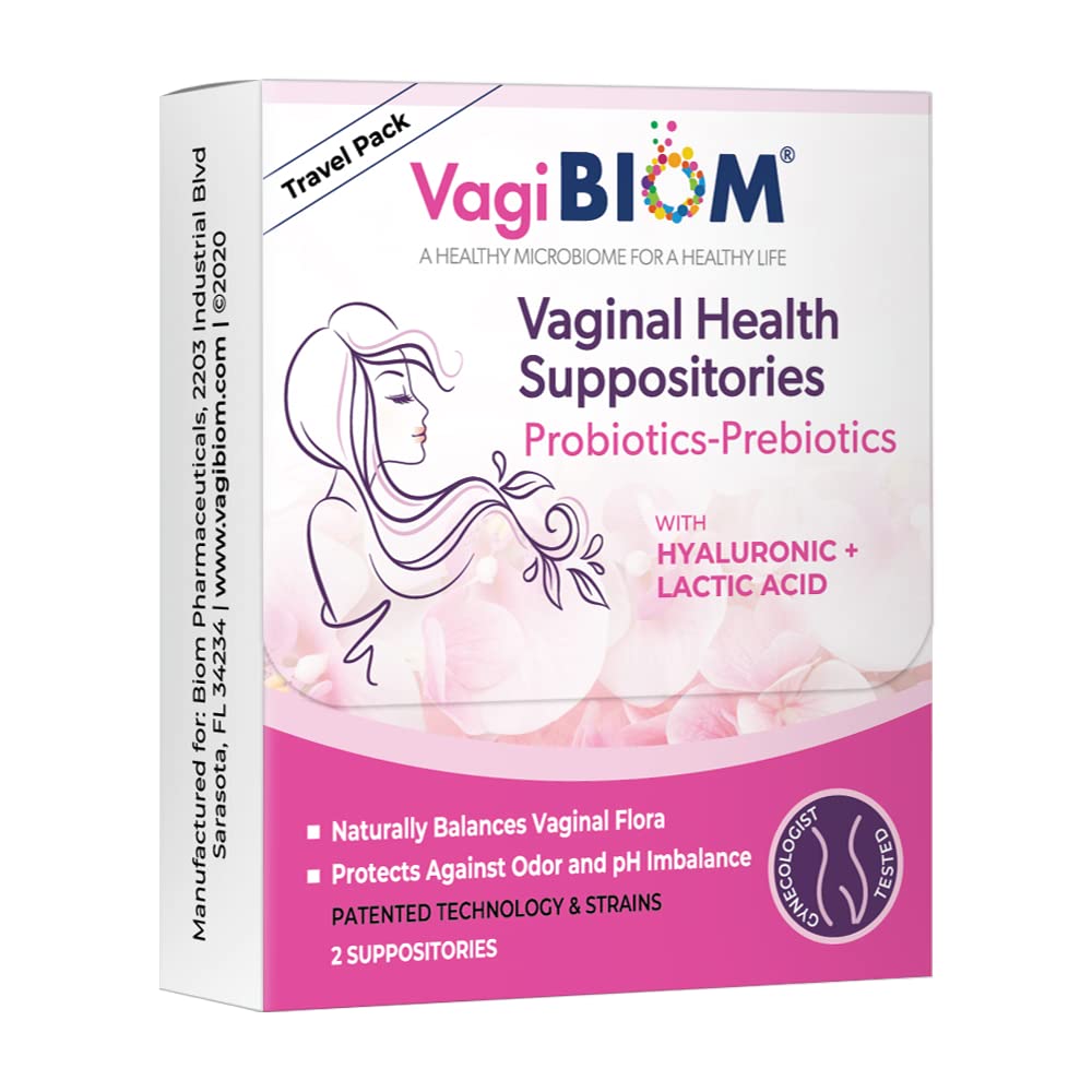 VagiBiom Probioitc Zetpil Handig Reispakket met 2 Supposiitories: Microbiome Flora Balance. Odor Control Regime; Evenwicht en voeden gezonde Flora