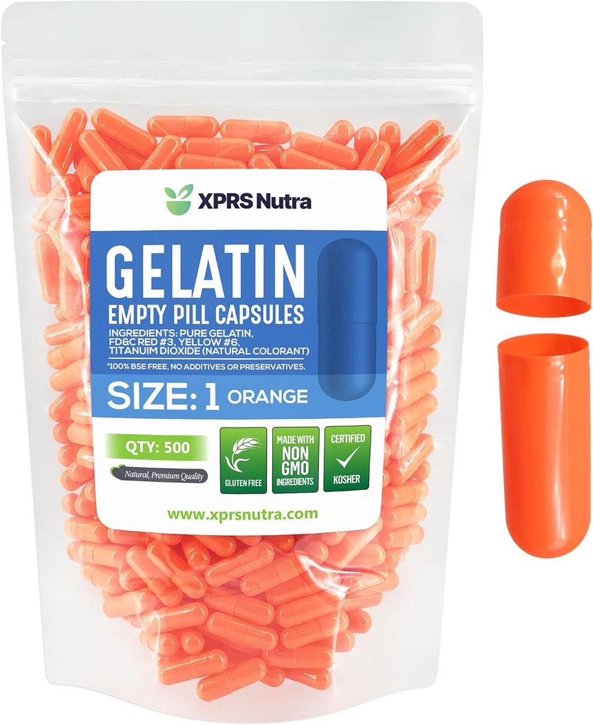 XPRS Nutra Maat 1 Lege Capsules - 500 Telle Lege Gelatine Capsules - Pill DIY Capsule Vulling - Pure Bovine Pill Gel Caps for Do-It-Yourself Supplements (Orange)