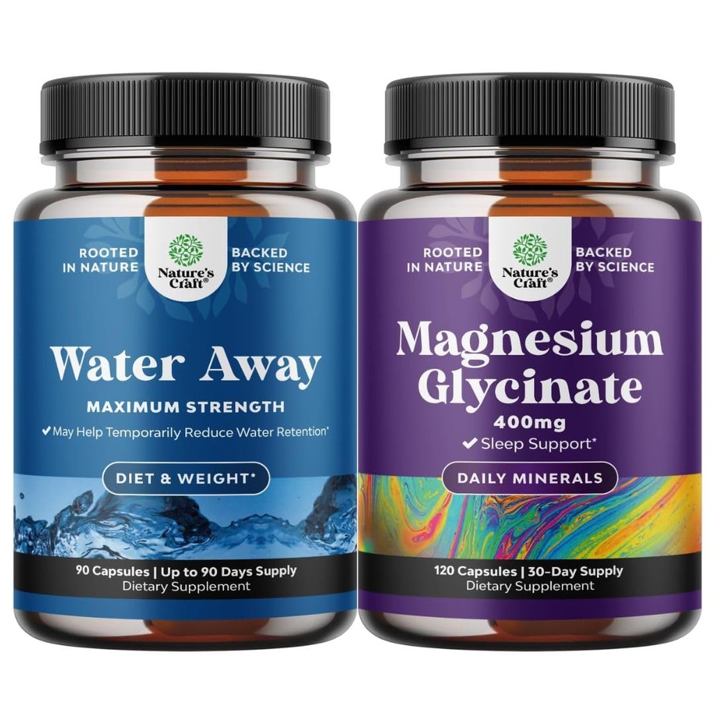 Bundel van water weg Pillen Maximale sterkte - Herbal Diuretic Pillen voor waterretentie voor snelle werking Bloating Relief en Pure Magnesium Glycinate 400mg per portie voor slaap en ontspanning