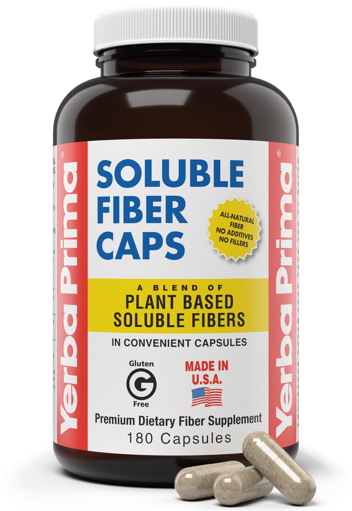 Formule de fibre soluble primaire Yerba Capsules, 180 Compte - Supplément de fibre diététique premium, fibre soluble naturelle concentrée, sans gluten, sans OGM, fabriqué aux États-Unis