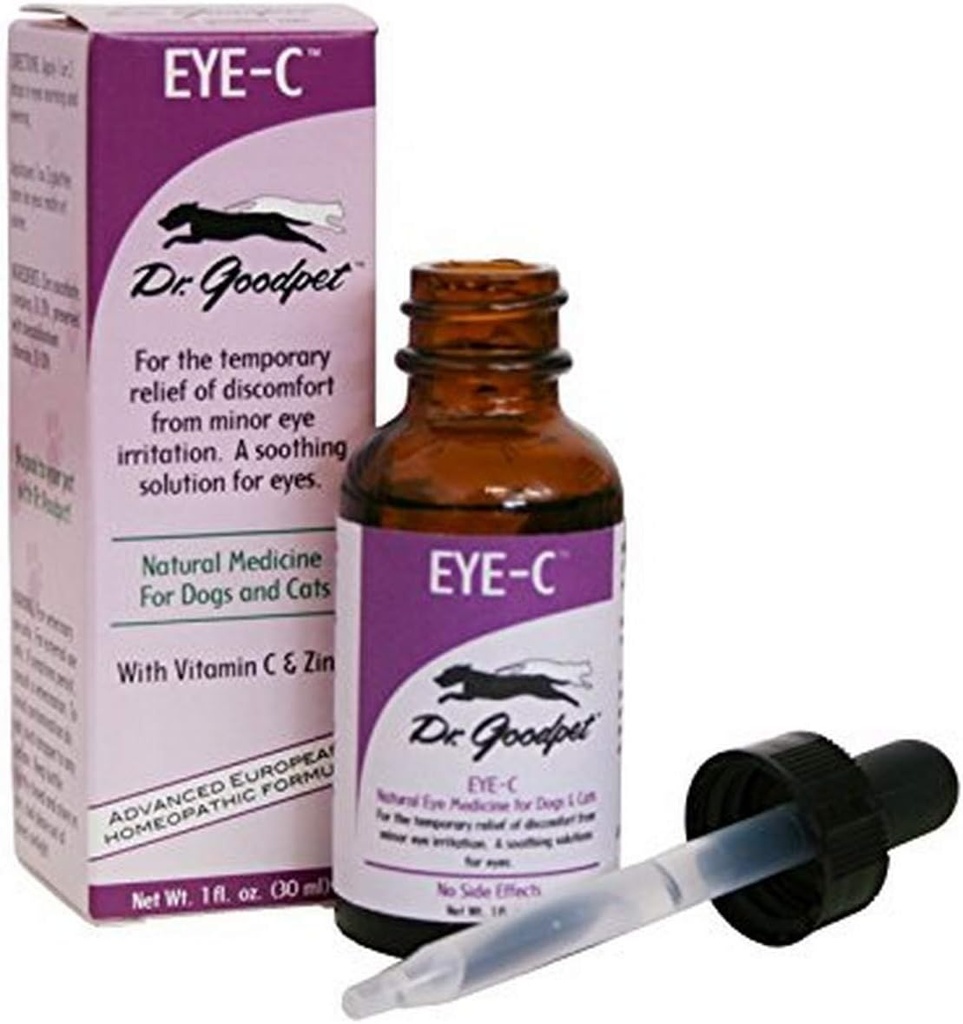Le Dr Goodpet Eye-C gouttes oculaires tout-naturelles pour chiens, chats, chevaux, petits animaux.
