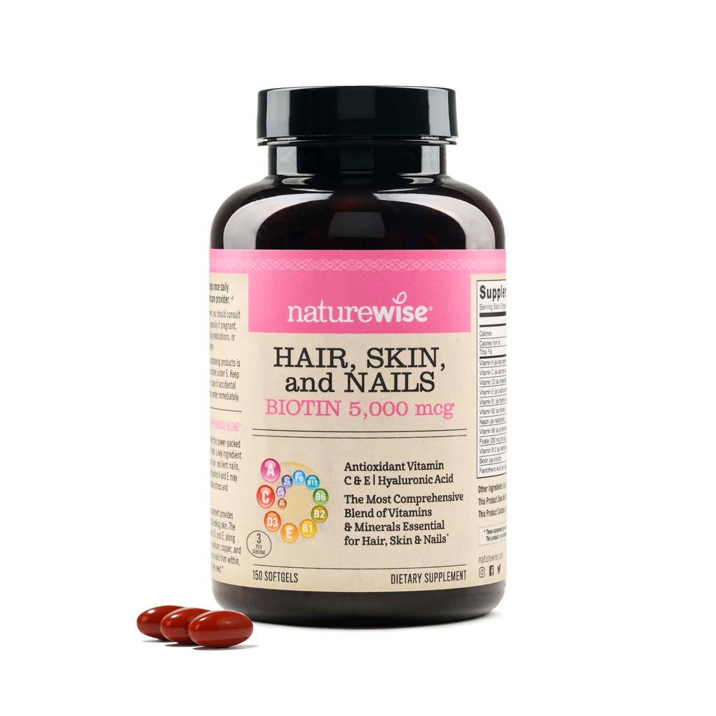 NatureWise Hair Skin and Nails Vitamin, Biotin 5000mcg w/Hyaluronzuur, Collageen voor vrouwen met C, B Complex, D3, A, E, Iron - Non-GMO, Glutenvrij - 150 Softgels[50-Day Supply]