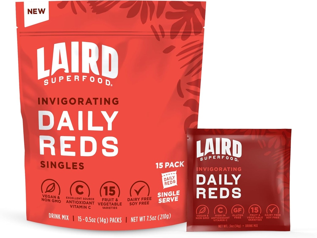 Laird Superfood Antioxident Daily Reds Powder, Free Radical Fighting Blend, Vitamine C, Mangaan, 2 porties van groenten en fruit per portie, 15 Pack