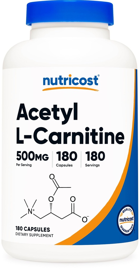 Nutricost acetaat L-Carnitine (ALCAR) 500 mg, 180 capsules, 180 porties - Non-GMO en Glutenvrij, 1 capsule per portie