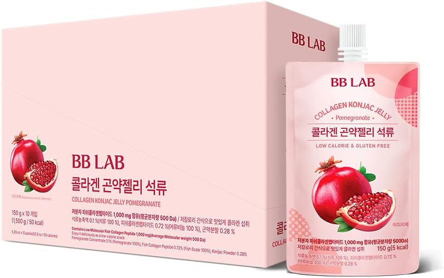 BB LAB Collagen Konjac Jelly, Granaatappel, (10 Packs/52,9 oz) - 5 Calorieën, Suikervrij, Vis Collageen Peptide 1000 mg, Low carb/Drinkable Zero Sugar Jelly Dessert, Dietary Fiber, Glutenvrij