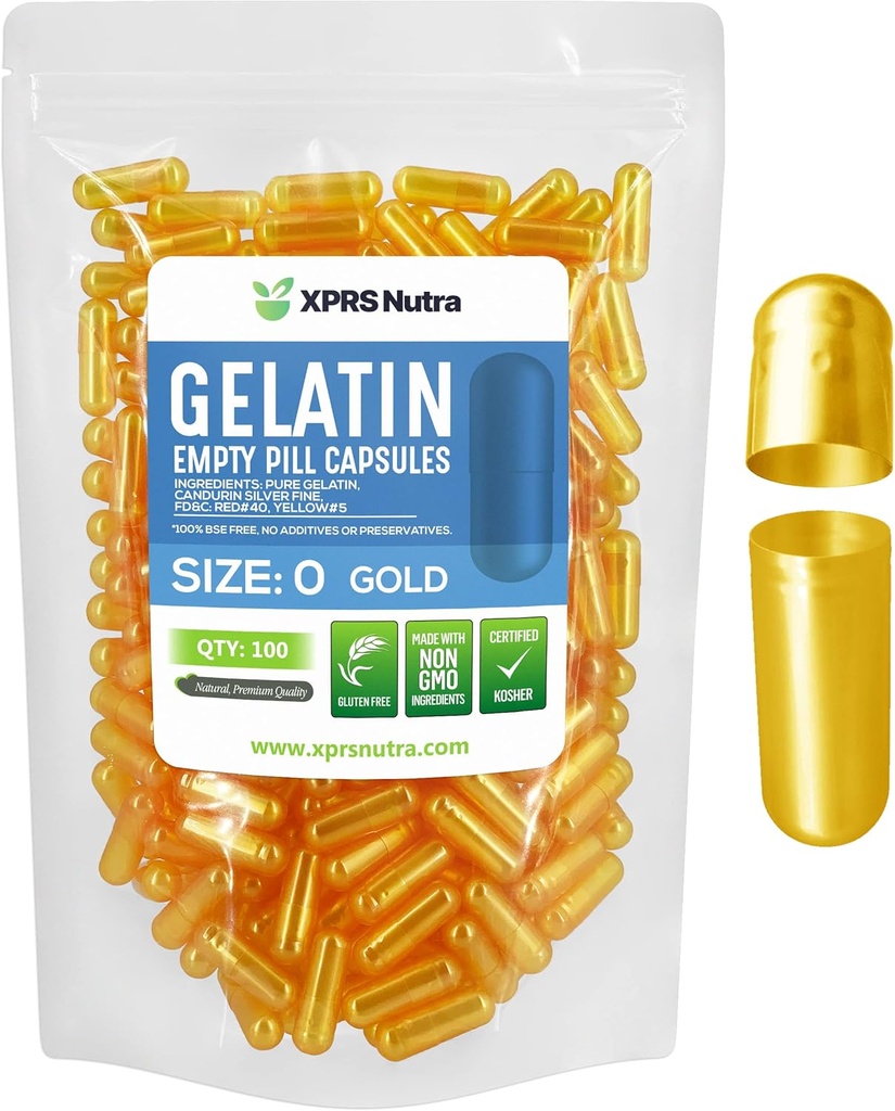 XPRS Nutra Formaat 0 Lege capsules - 100 Telle Lege Gelatine Capsules - Pill DIY Capsule Vulling - Pure Bovine Pill Gel Caps for Do-It-Yourself Supplements (Goud)