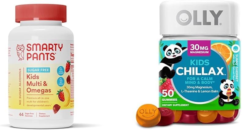 SmartyBants Kids Multivitamine Gummies, Sugar Free: Omega 3 (ALA) & OLLY Kids Chillax, Magnesium Gummies Plus L-Theanine, Lemon Balm, Kalm kauwen voor kinderen 4+, Sherbet smaak - 50 Tellen (pakket van 1)