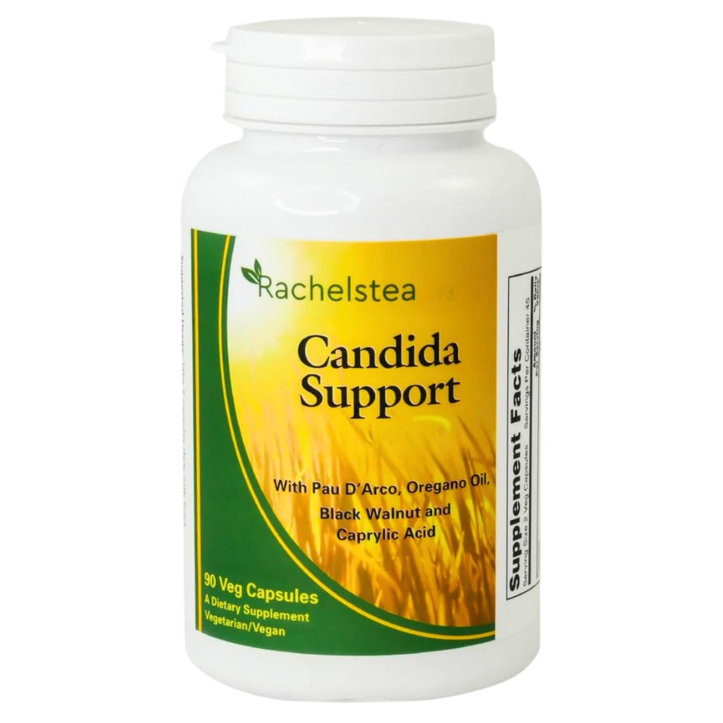 Rachelstea Candida Support, Flore intestinale, avec PAU D'Arco, huile d'origan, noix noires et acide caprylique, 90 capsules de légumes, supplément végétarien/végétarien alimentaire