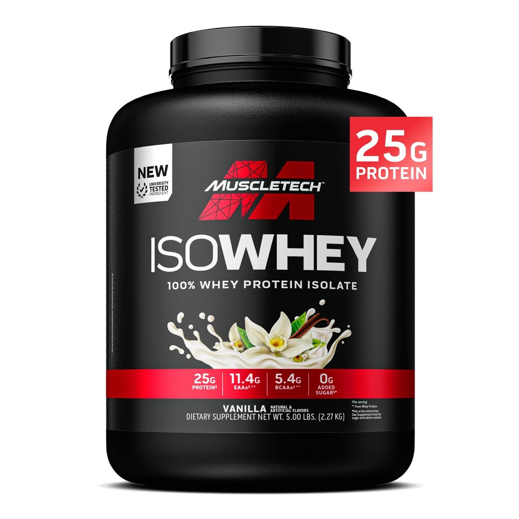 MuscleTech ISO Whey Isolate Protéine Poudre, Vanille - Supplément de gymnastique post-entraînement pour le gain musculaire maigre, gain de poids de construction du corps et récupération - 25g de protéines, BCAA, EAA et 0 sucre ajouté - 5lbs