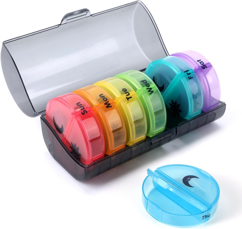 Organisateur hebdomadaire de pilules 2 fois par jour, Pilule de voyage 7 jours, AM PM Deux fois par jour cas de pilules, Portable des organisateurs quotidiens de vitamines pour les médicaments, vitamines, huile de poisson, suppléments (multi-couleur)