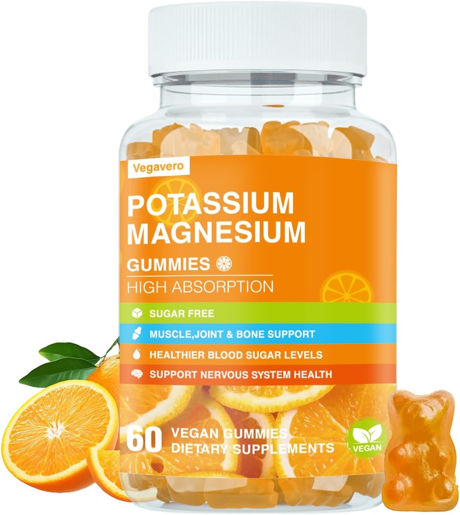 Potassium Magnesium Gummies - High Absorption Magnesium Glycinate & Potassium Citrate Plus Coenzyme Q10, DHA, D3, Mineral & Calcium for Zzz, Leg Cramps & Muscle - 60 Orange Gummies