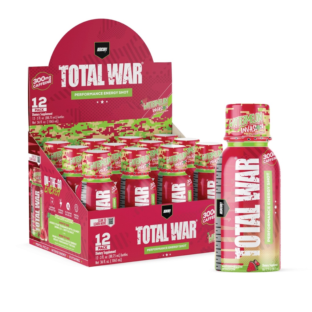 REDCON1 Total War Pre-workout Energy Shots - 300mg Cafeïneshots met B-vitaminen & 0 Suiker - Lang aanhoudende energieshot voor focusondersteuning - Brandstof voor je training of werkdag - Watermeloeninvasie (12 tellen)