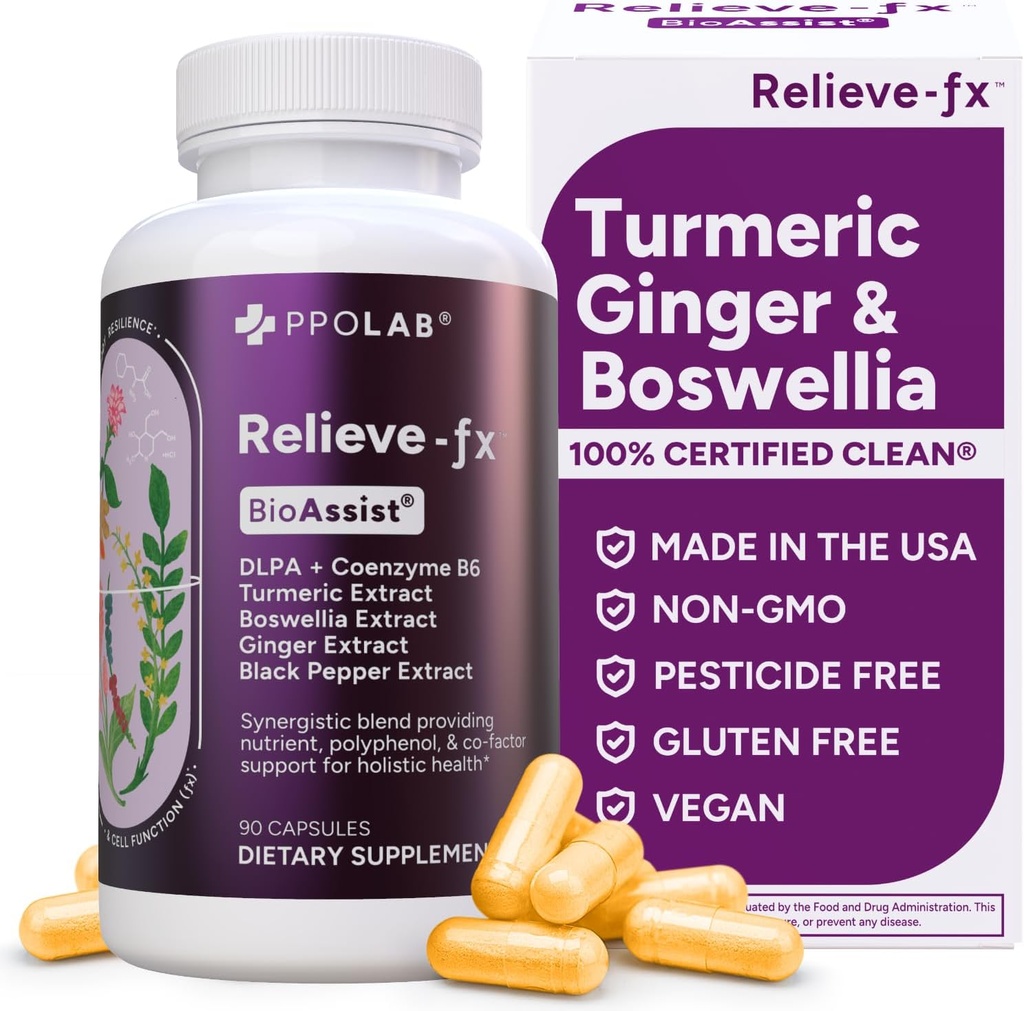 Relieve-fxTM DLPA Boswellia Turmeric and Ginger Supplement, Stress Relief, Heart, Digestion, Muscle Cramp, Joint, Ontsteking Gezondheid, Vitamine B6 P5P, Boswellic Acid, Curcumin met Black Pepper - 90ct