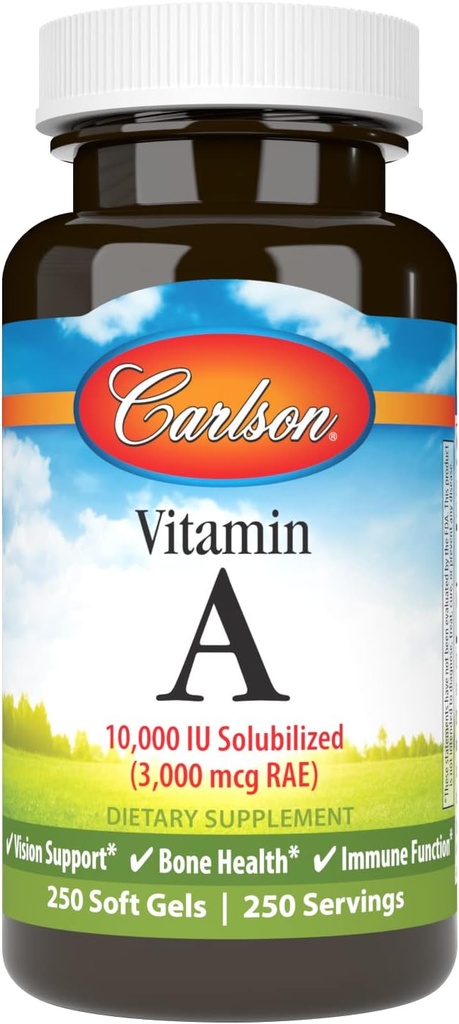 Carlson - Vitamine A Solubilized, 10000 IE (3000 mcg RAE), Wateroplosbaar, Vision Health, 250 Softgels
