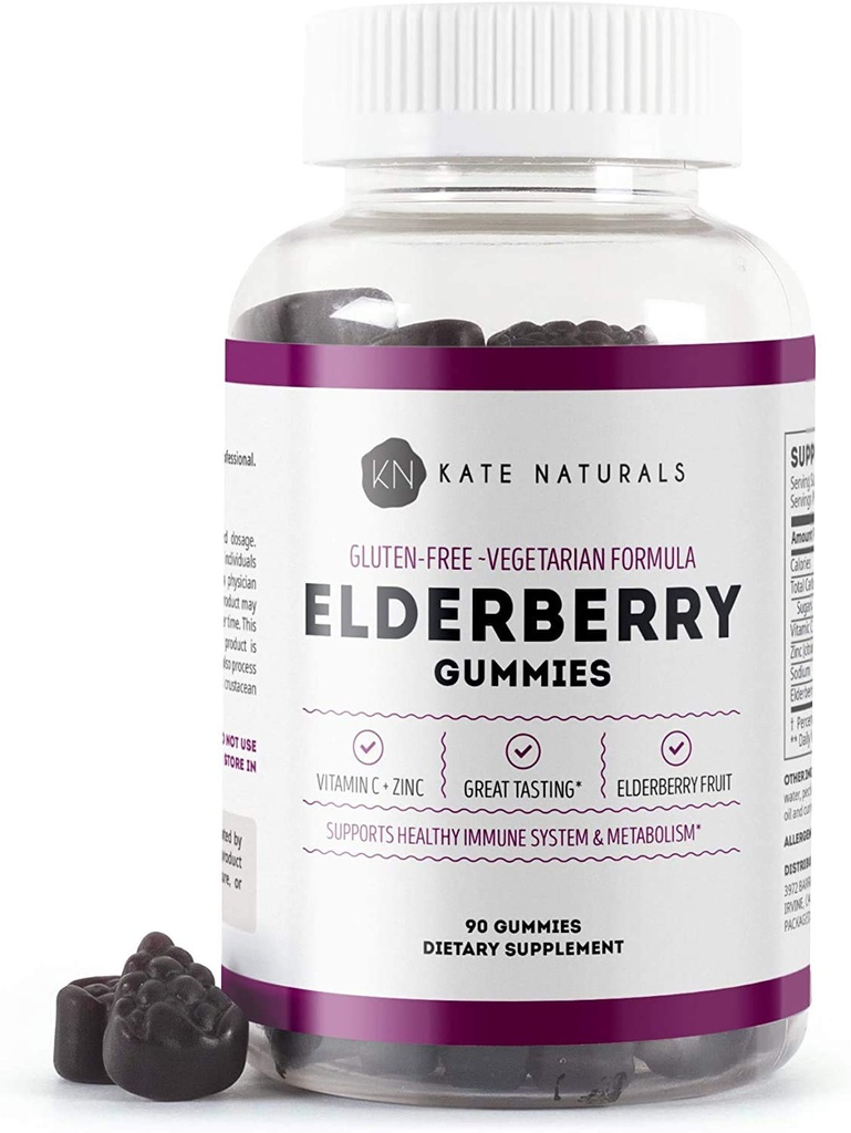 Kate Naturals Vlierbes Gummies met vitamine C en zink voor volwassenen en kinderen. Smakelijke Sambucus Vlierbes Gummies voor Immune Support (90 Gummies, 45 Day Supply)