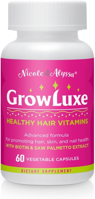 Nicole & Alyssa Growluxe Hair Skin and Nail Vitamine Supplement pour les hommes et les femmes - 60 capsules végétariennes - Sans gluten - Non-OGM - Fabriqué aux États-Unis - Supporte les ongles forts, les cheveux et la peau (Pack de 1)