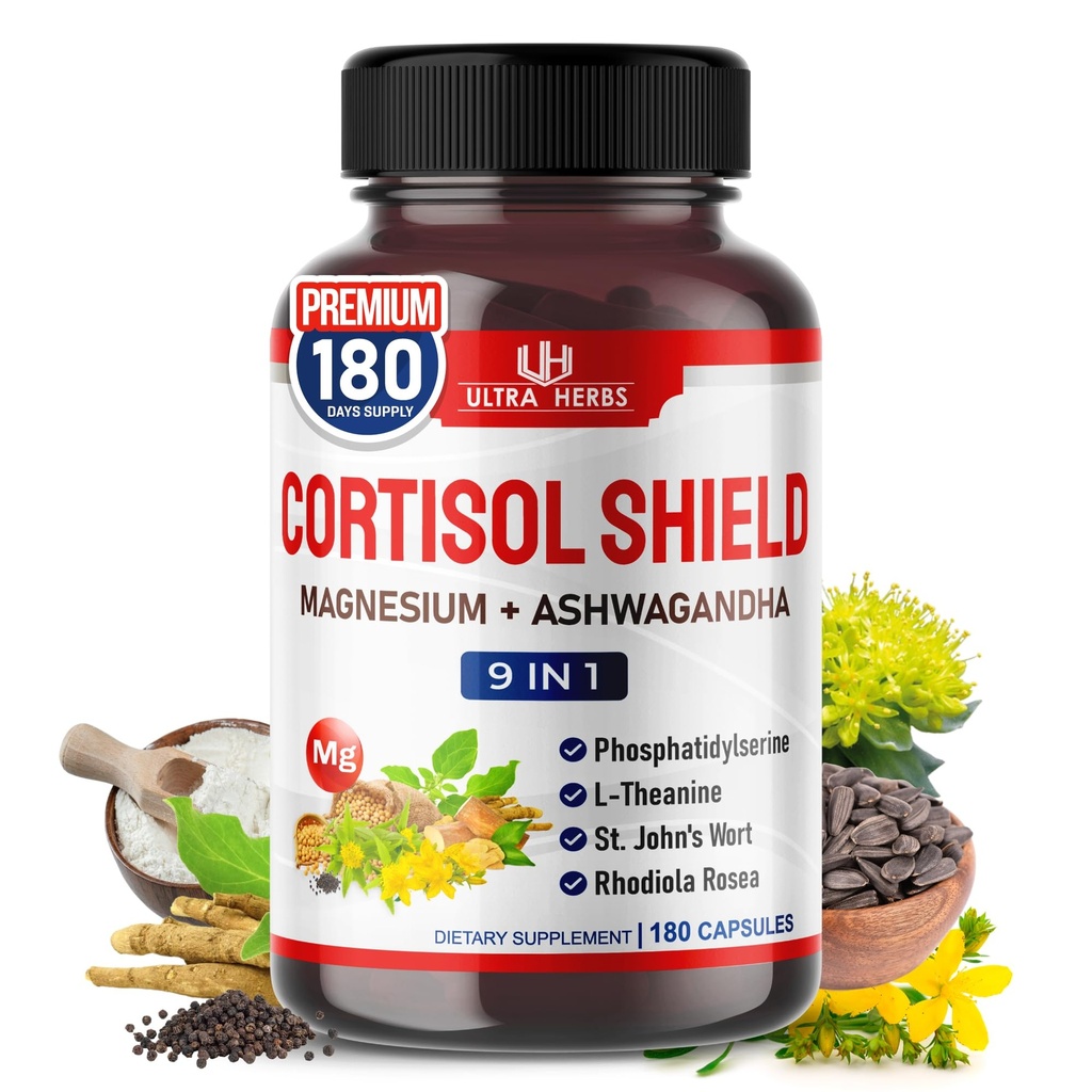 Bouclier CORTISOL 9-en-1 -Magnésium + Ashwagandha avec Phosphatidylsérine, L-Theanine, St. John's Wort, Rhodiola Rosea - Soutien à la relaxation, Hormone Balance - USA Made (180 Compte (paquet de 1))