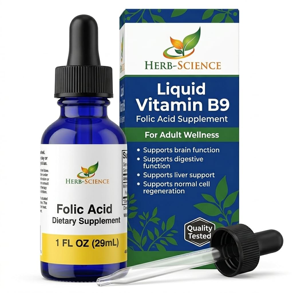 Vitamine liquide B9 Suppléments d'acide folique - VIT B gouttes pour le cerveau et la fonction digestive, soutien du foie - sans gluten, non-OGM, végétalien - Supplément nutritionnel pour les adultes - 1 fl. oz.