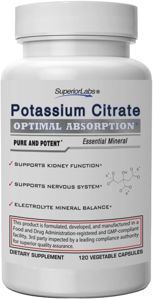 Superior Labs Kalium Citroen 100 mg, Pure Non-GMO Electrolyte Mineral, Additive-Free, Niersteen en pH-ondersteuning, Muscle Cramp Relief, Hart- en zenuwfunctie, Alkaliserende Balance, 120 Veg Caps