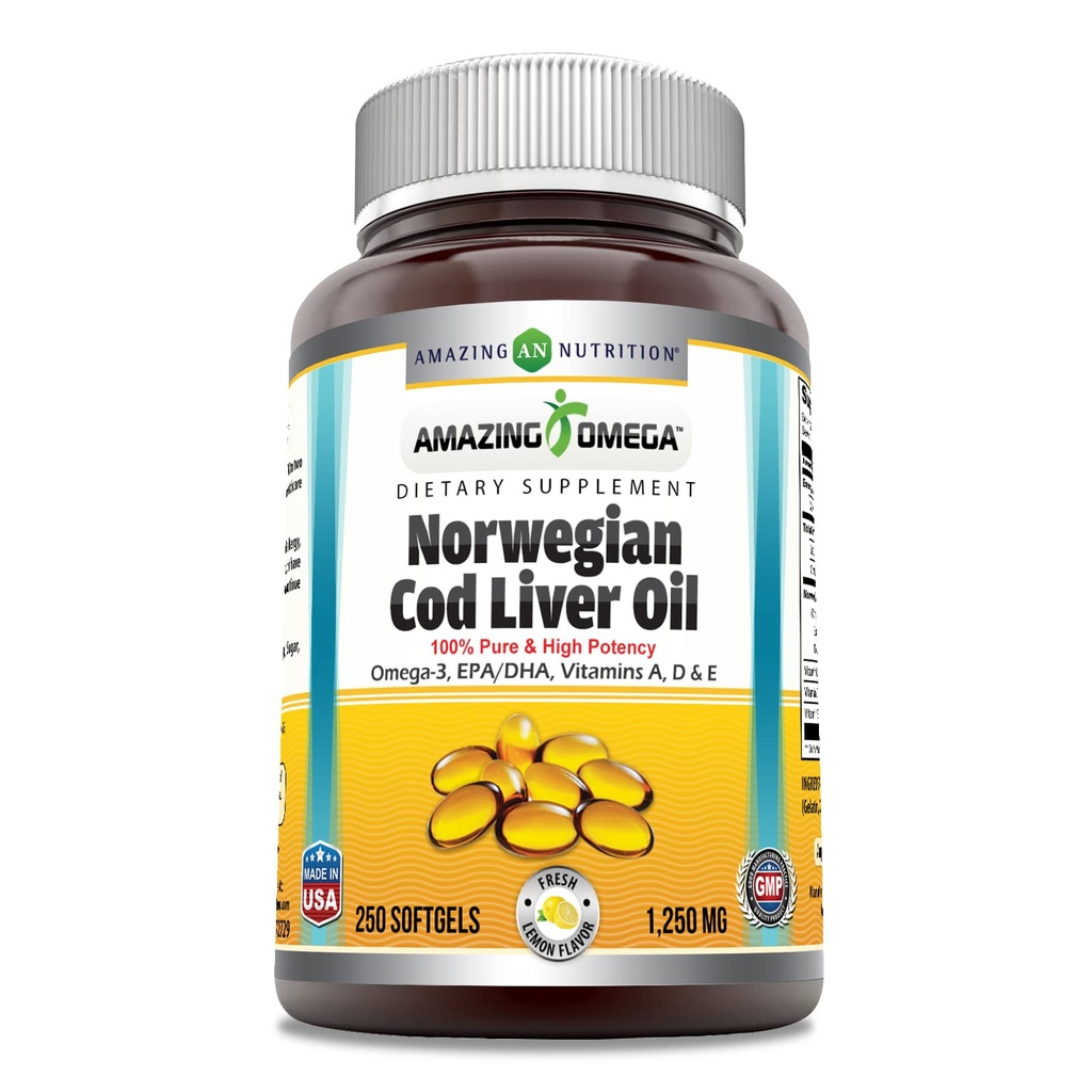Incroyable Omega Norwegian Cod Huile de foie 1250 Mg Supplément de softgels Omega-3, EPA, DHA, Vitamine A, Vitamine D & Vitamine E (Orange)