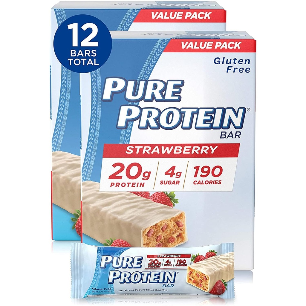 Pure Protein Bars, Hoge Proteïne, Nutrische Snacks ter ondersteuning van energie, lage suiker, Glutenvrij, Aardbei Griekse yoghurt, 6 Bars Elke 1,76 Oz, Pak van 2