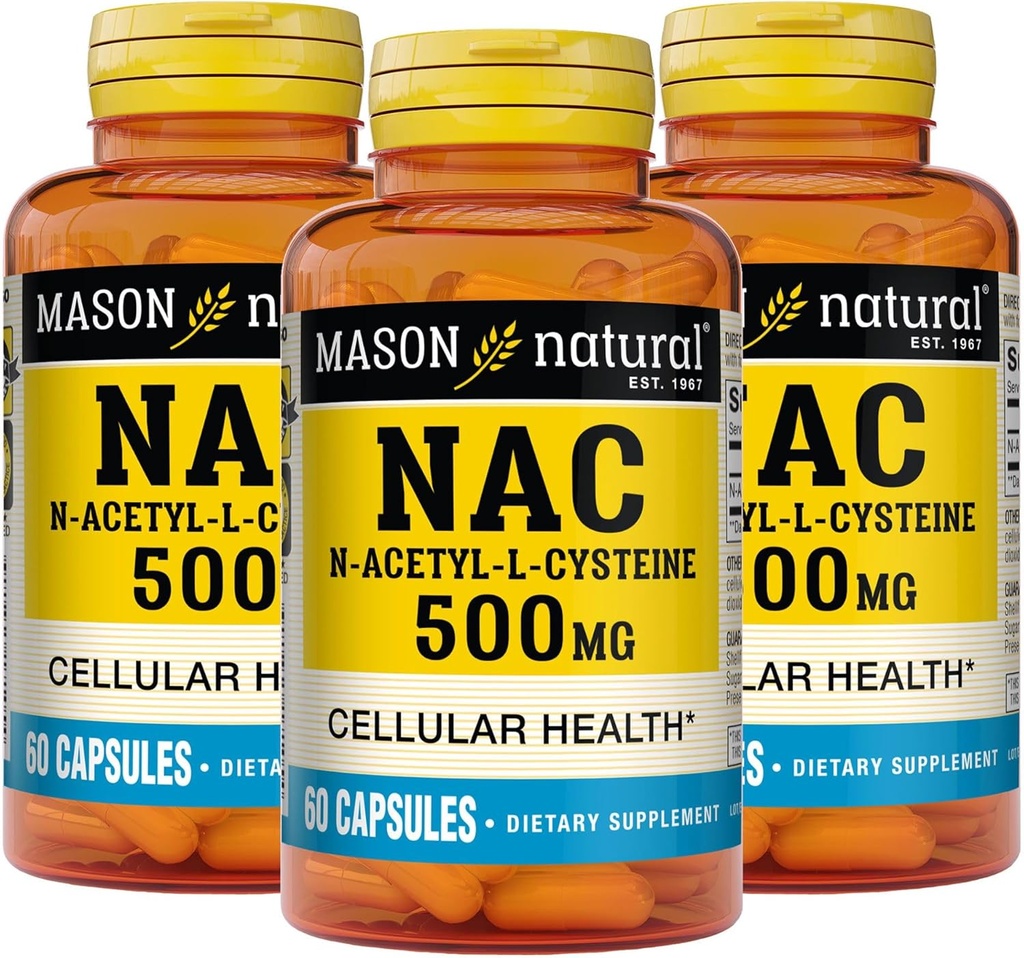 Mason Natura NAC N,Acetyl,L,Cysteine 500 mg, 6 maanden Levering, Ondersteunt Normale Cellulaire Gezondheid, Immuun Systeem Booster voor Algemene Wellness, 3 Pack