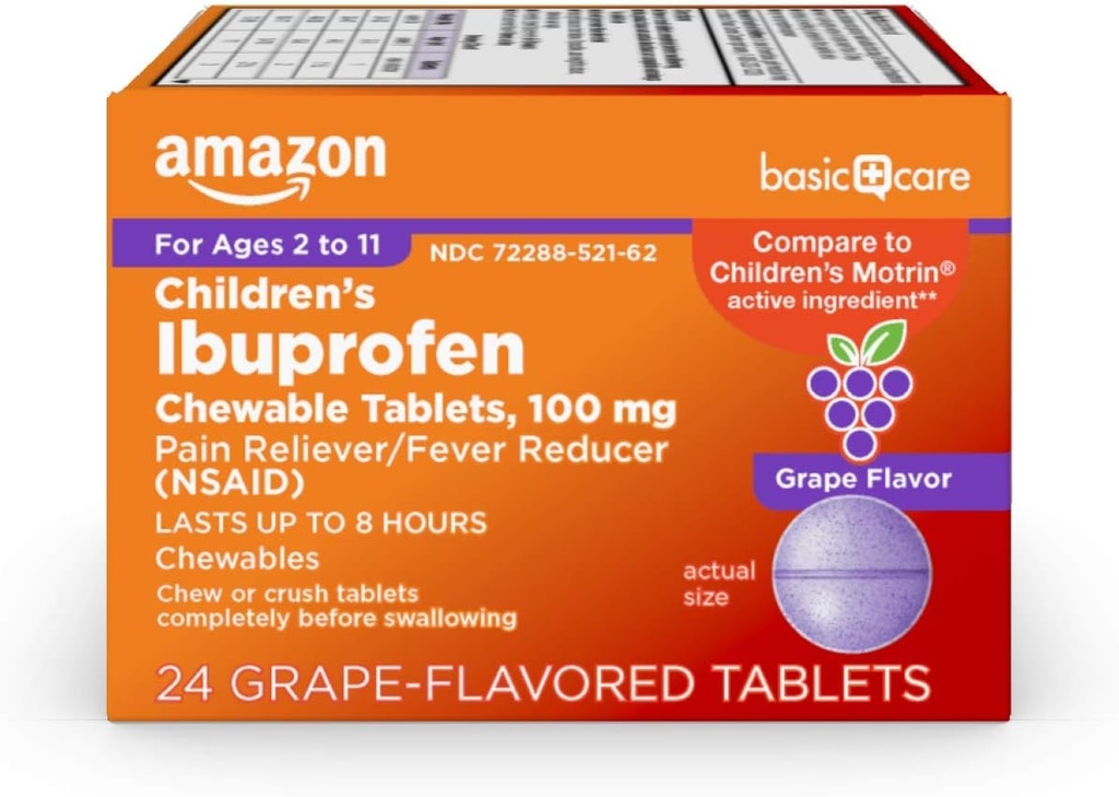 Soins de base Ibuprofène pour enfants Comprimés chirurgicaux 100 mg, arômes de raisin, analgésique et réducteur de fièvre (NSAID), Pour la gorge douloureuse, les dents, le soulagement des maux de tête et plus, 24 Compte