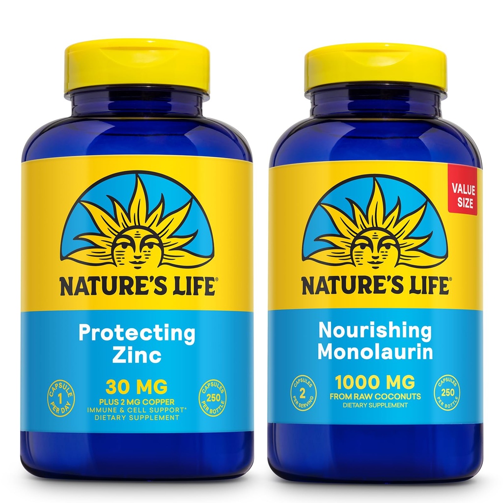 Nature's Life Nourrir Monolaurin 1000mg 250ct et protéger le picolinate de zinc 30mg 250ct - Gut Health et suppléments de soutien immunitaire - Monolaurin de noix de coco crues, Zinc chélaté - garantie de 60 jours