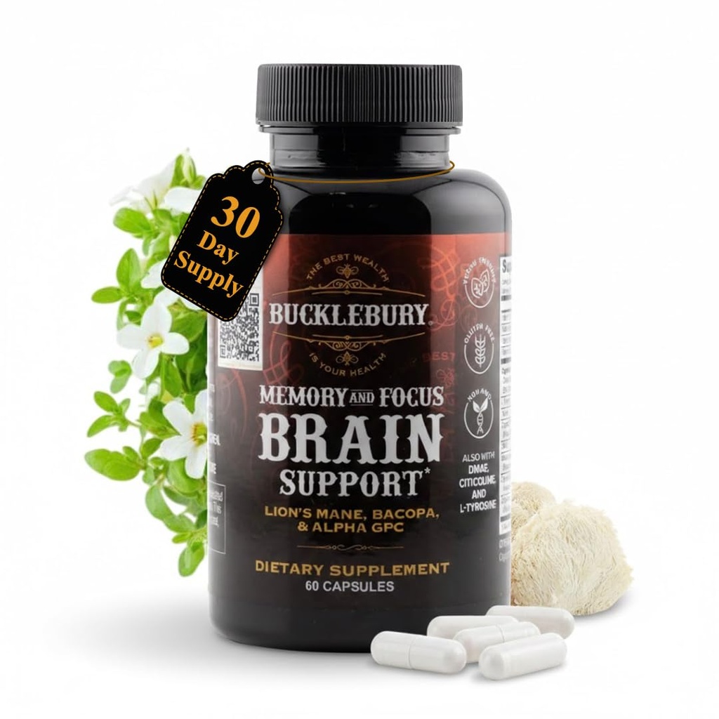 BUCKLEBURY Suppléments Cerveau et Mémoire avec Bacopa & Alpha GPC - Capsules Cerveau Nootropiques pour Support Cognitif, Focus & Clarté Mental - Mémoire et Pills Focus pour Femmes et Hommes - Vegan 60 Capsules