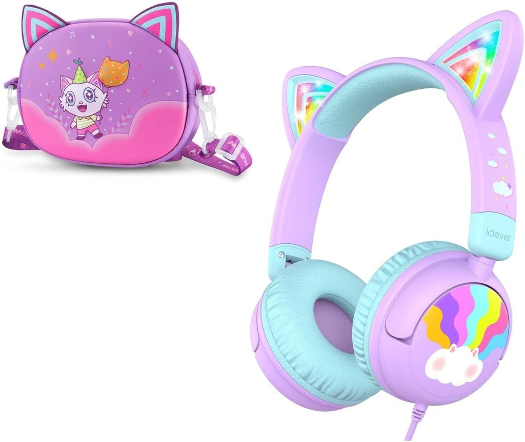 iClever Wired Kids Headphones Cat Ear Meow Lollipop & Headphones Case Bundels