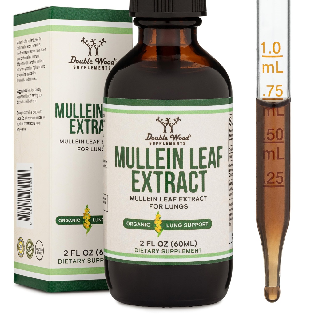 Double Wood Supplements Mullein Leaf Drops for Longs, 2 FL OZ (60 Servings), ondersteunt Lung & Respiratory Health (Beter geabsorbeerd dan capsules)