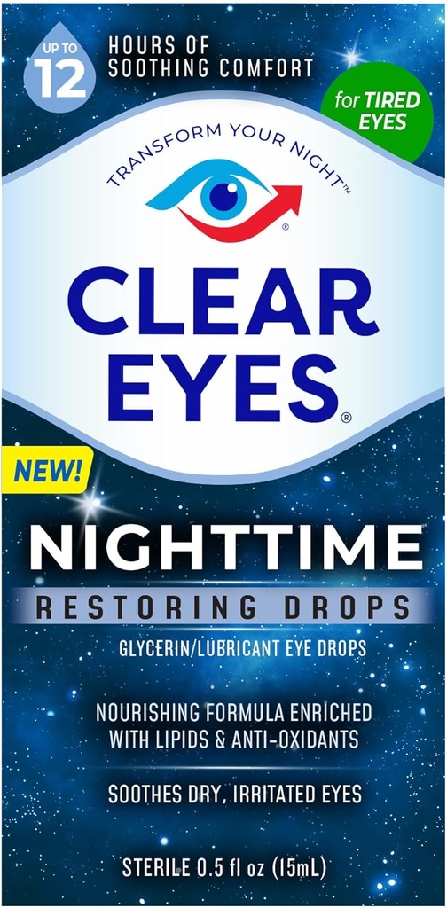 Clear Eyes Nighttime Restoring Eye Drops, Veilig voor nachtelijk gebruik voor 12 uur rustgevende comfort, 0.5 Fl Oz
