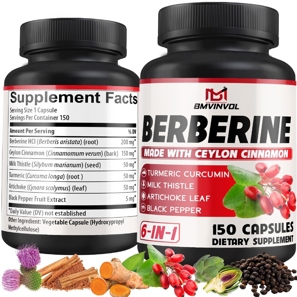 Berberine HCl, 150 Capsules - Plus Ceylon Cinnamon, Kurkuma, Melkdistel, Artichoke, Black Pepper, Berberine HCI Root Supplements Pillen - Immune System