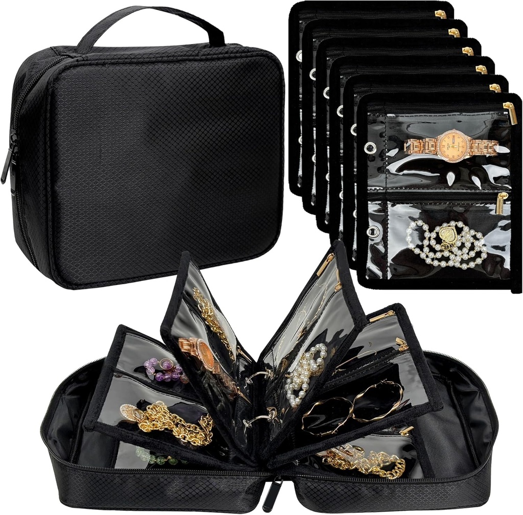 Reis Sieraden Organizer Case, Juwelen Tassen voor Reizen, Sieraden Binder met 24 stuks Clear Zipper Velvet Zakjes voor het opslaan van oorbellen, ringen, ketting, armband, horloge (zwart)